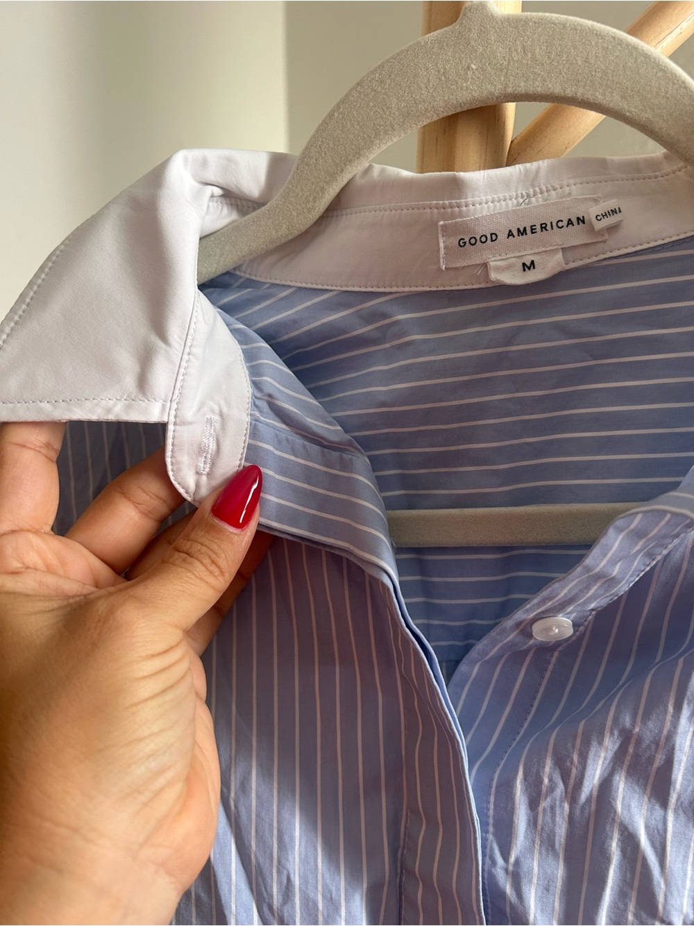 Good American Light Blue Striped Dress Shirt with White Collar